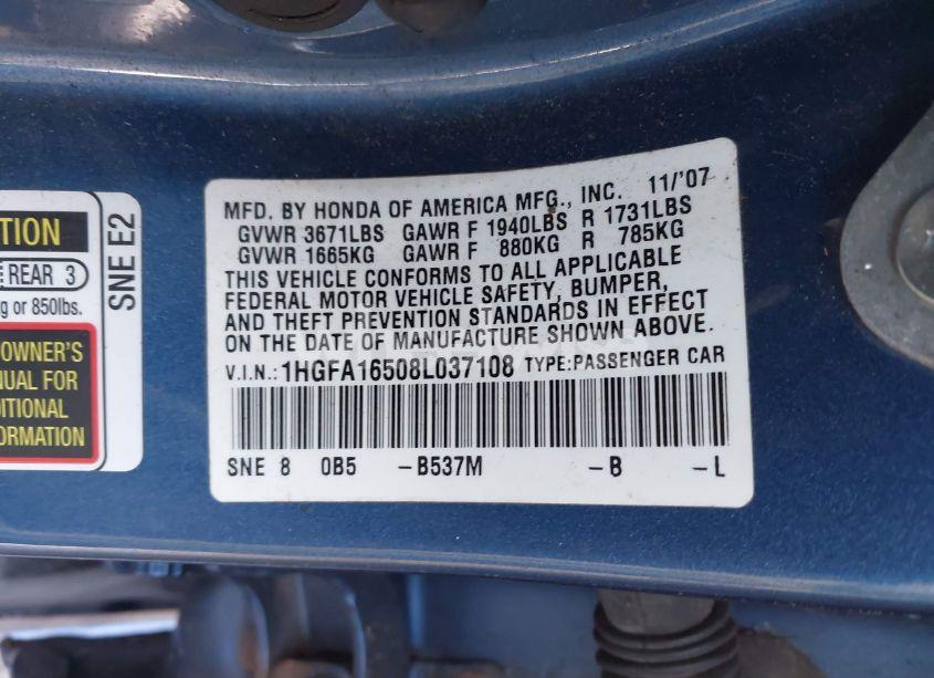 Photo 9 of 2008 Honda Civic LX (VIN 1HGFA16508L037108)