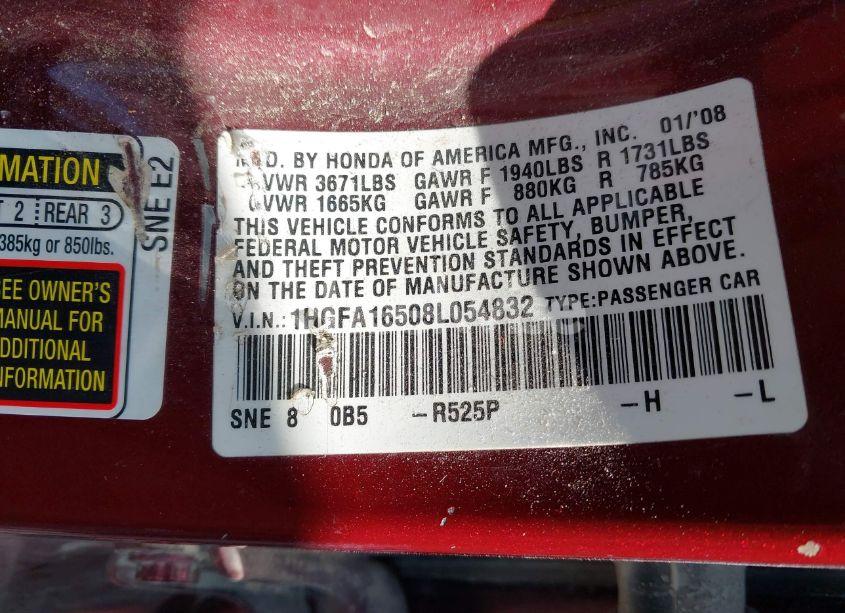 Photo 9 of 2008 Honda Civic LX (VIN 1HGFA16508L054832)