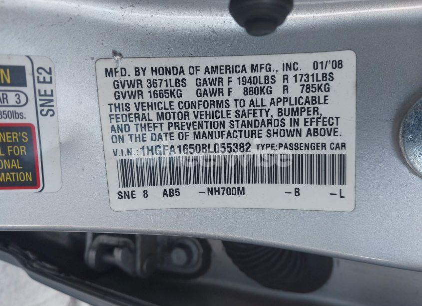 Photo 9 of 2008 Honda Civic LX (VIN 1HGFA16508L055382)