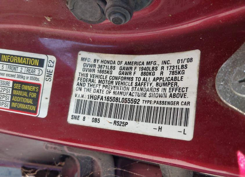 Photo 9 of 2008 Honda Civic LX (VIN 1HGFA16508L055592)