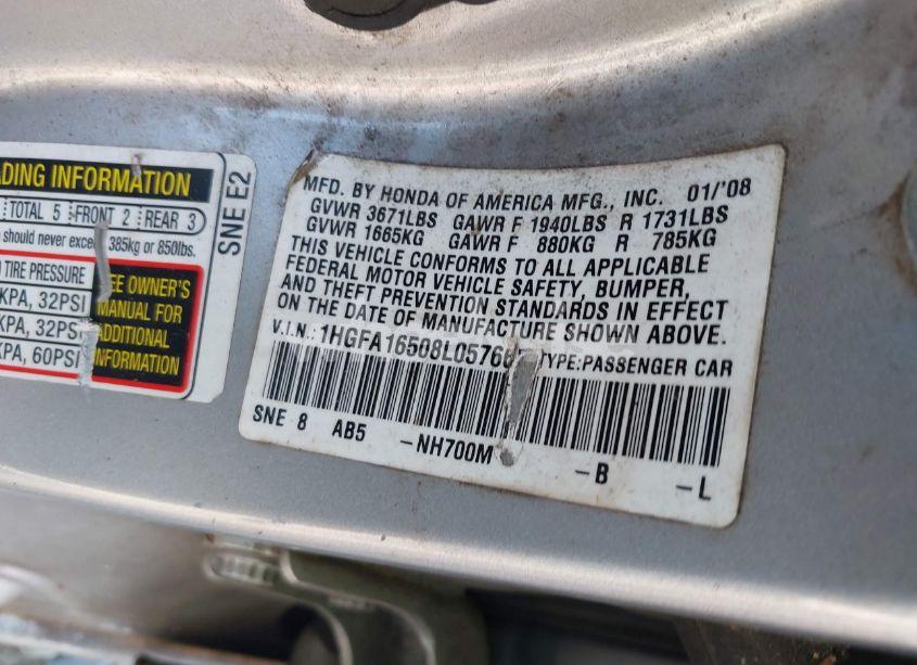 Photo 9 of 2008 Honda Civic LX (VIN 1HGFA16508L057665)
