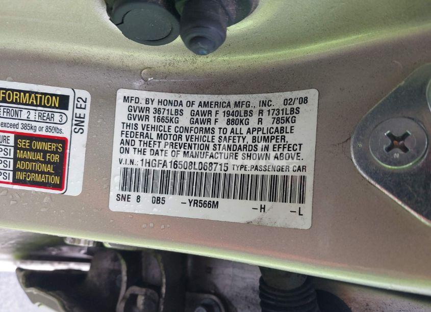 Photo 9 of 2008 Honda Civic LX (VIN 1HGFA16508L068715)
