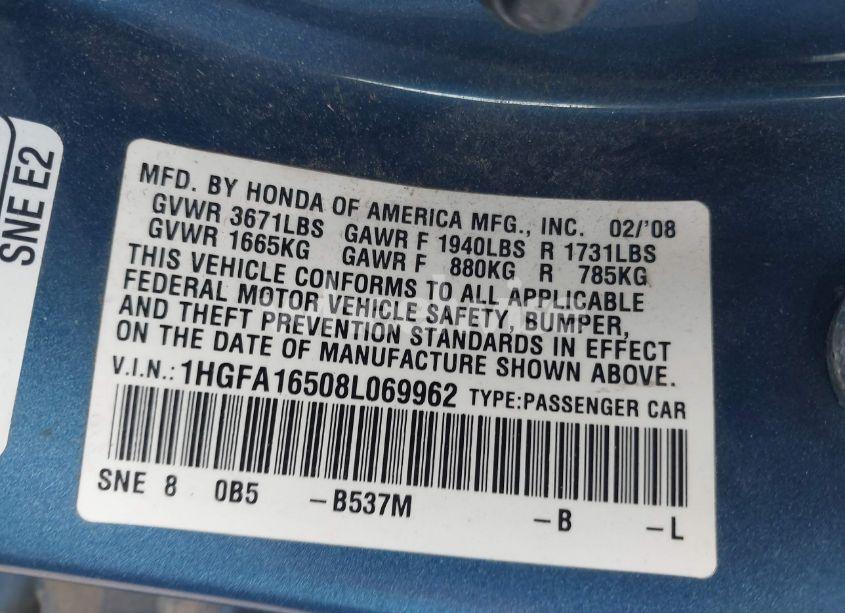 Photo 9 of 2008 Honda Civic LX (VIN 1HGFA16508L069962)