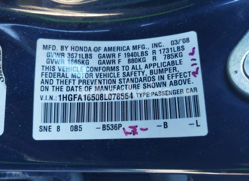 Photo 9 of 2008 Honda Civic LX (VIN 1HGFA16508L078564)