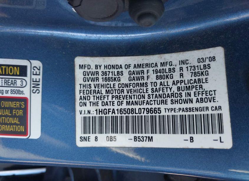 Photo 9 of 2008 Honda Civic LX (VIN 1HGFA16508L079665)