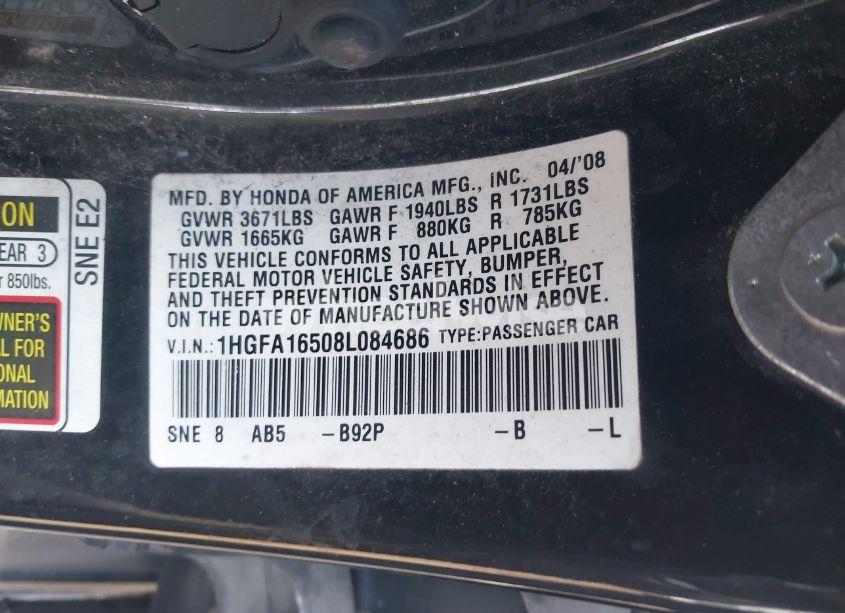 Photo 9 of 2008 Honda Civic LX (VIN 1HGFA16508L084686)