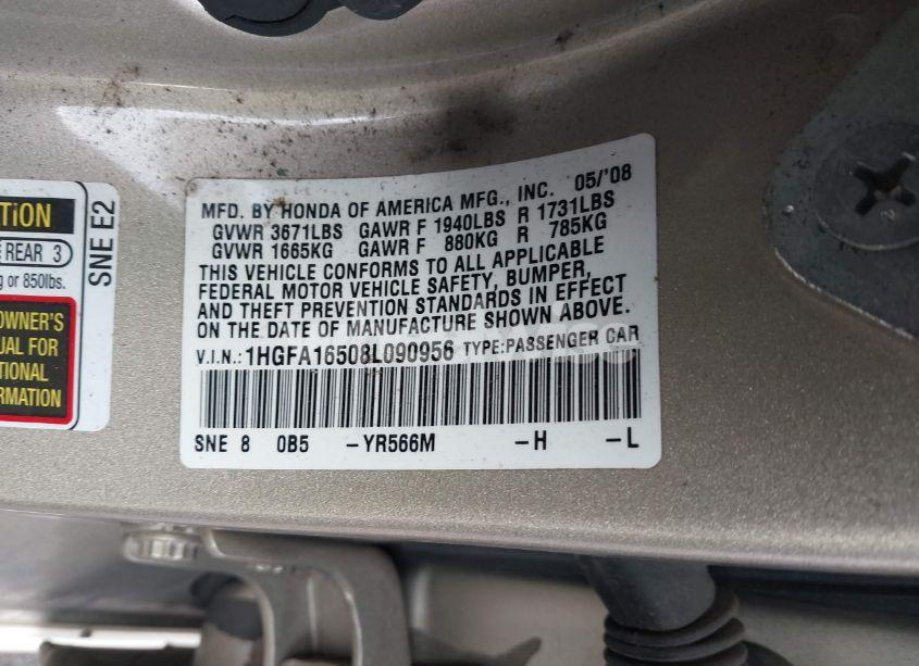 Photo 9 of 2008 Honda Civic LX (VIN 1HGFA16508L090956)