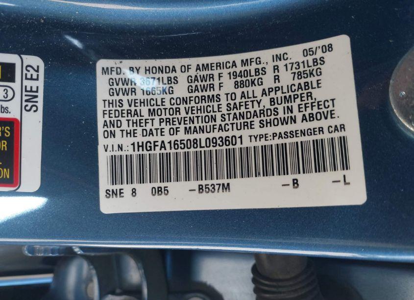 Photo 9 of 2008 Honda Civic LX (VIN 1HGFA16508L093601)