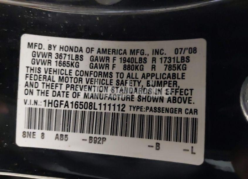 Photo 9 of 2008 Honda Civic LX (VIN 1HGFA16508L111112)