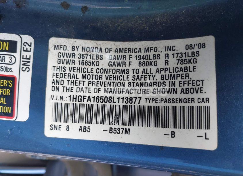 Photo 9 of 2008 Honda Civic LX (VIN 1HGFA16508L113877)