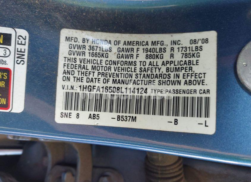 Photo 9 of 2008 Honda Civic LX (VIN 1HGFA16508L114124)