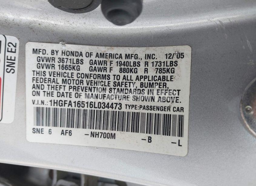Photo 9 of 2006 Honda Civic LX (VIN 1HGFA16516L034473)