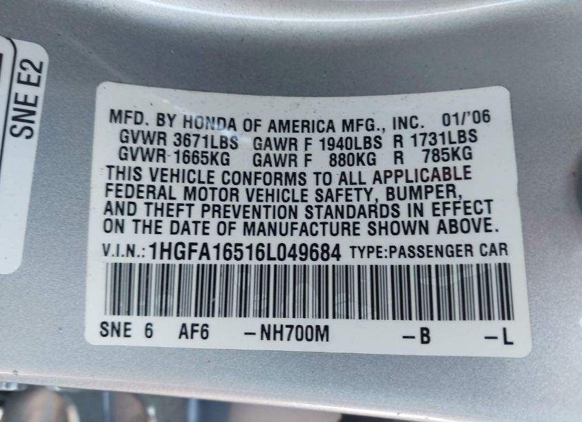 Photo 9 of 2006 Honda Civic LX (VIN 1HGFA16516L049684)