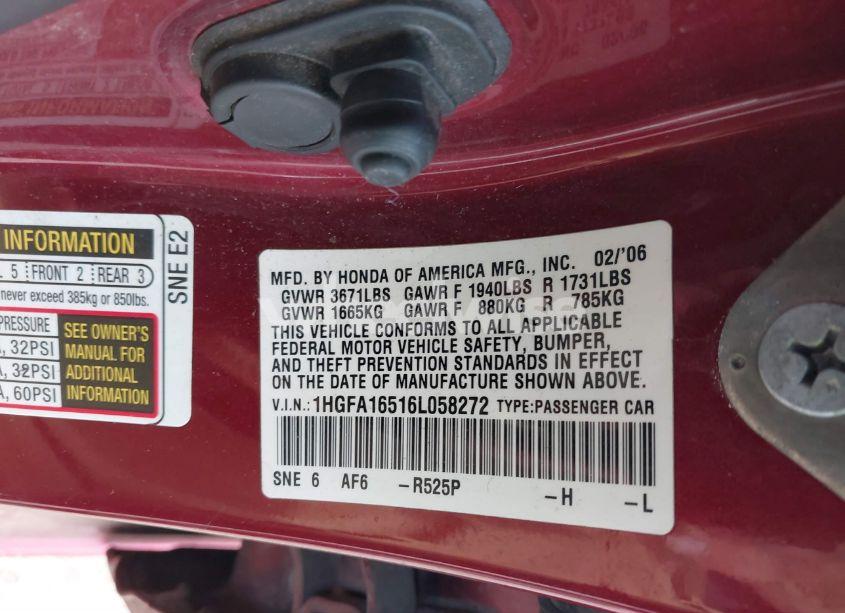 Photo 9 of 2006 Honda Civic LX (VIN 1HGFA16516L058272)