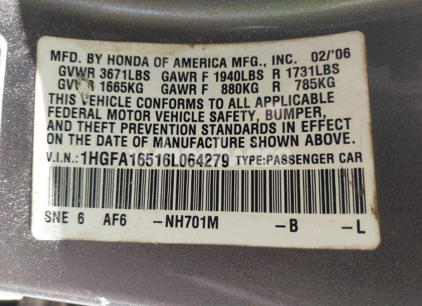 Photo 9 of 2006 Honda Civic LX (VIN 1HGFA16516L064279)