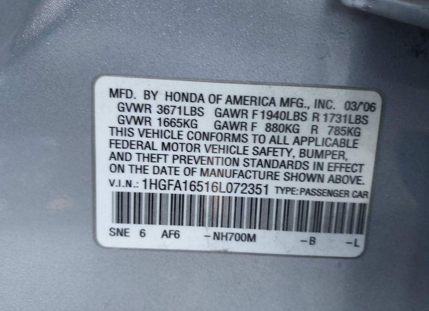 Photo 9 of 2006 Honda Civic LX (VIN 1HGFA16516L072351)