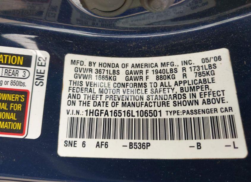 Photo 9 of 2006 Honda Civic LX (VIN 1HGFA16516L106501)