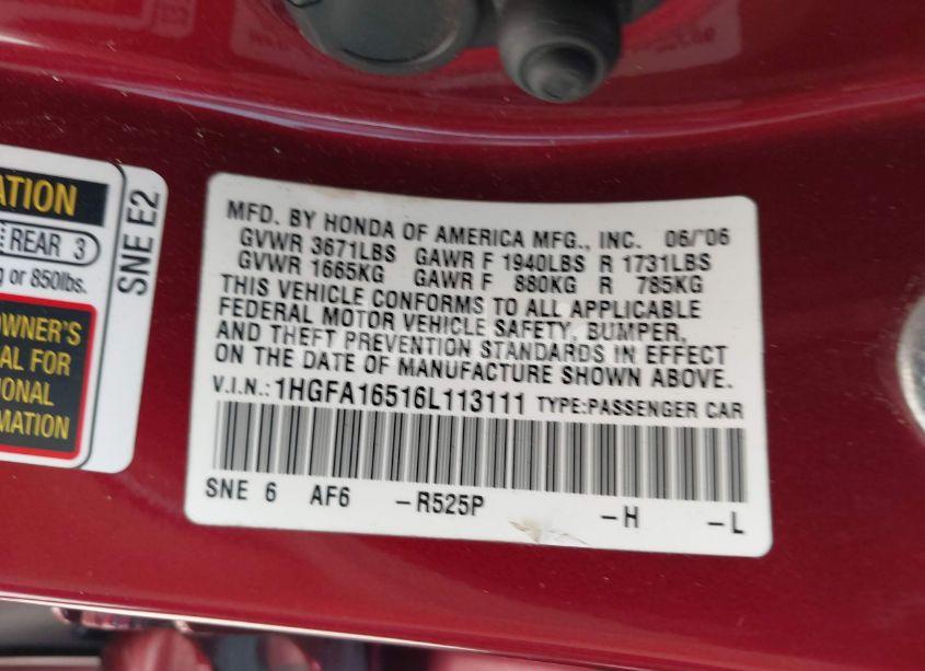 Photo 9 of 2006 Honda Civic LX (VIN 1HGFA16516L113111)