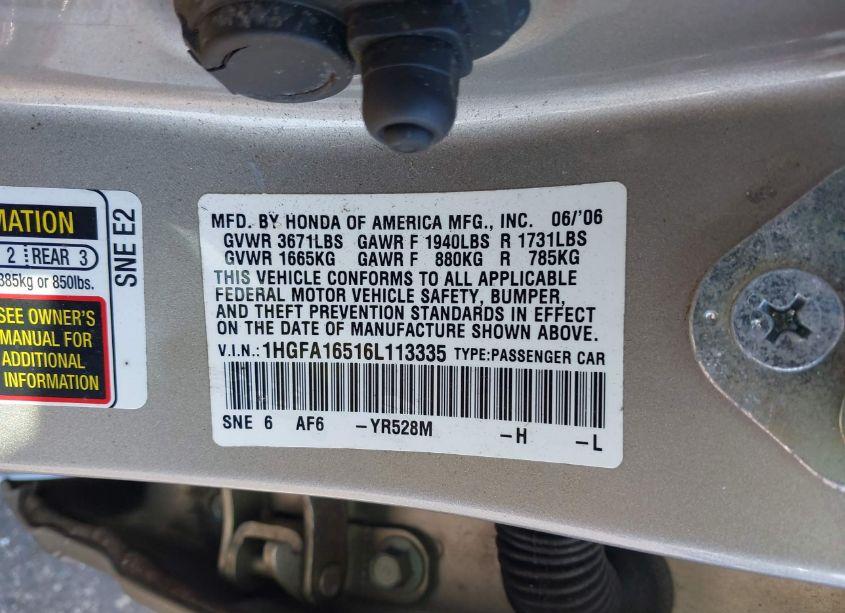 Photo 9 of 2006 Honda Civic LX (VIN 1HGFA16516L113335)