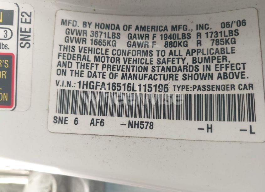 Photo 9 of 2006 Honda Civic LX (VIN 1HGFA16516L115196)