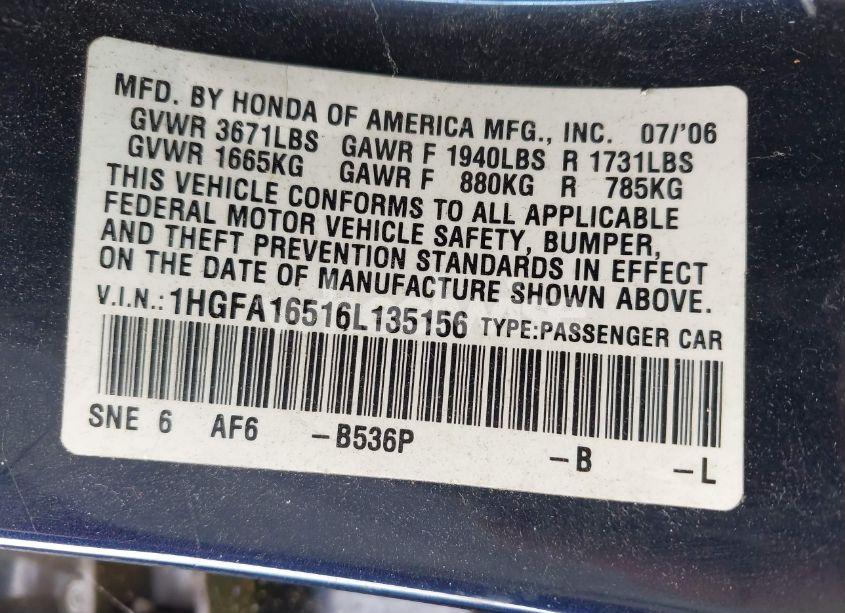 Photo 9 of 2006 Honda Civic LX (VIN 1HGFA16516L135156)