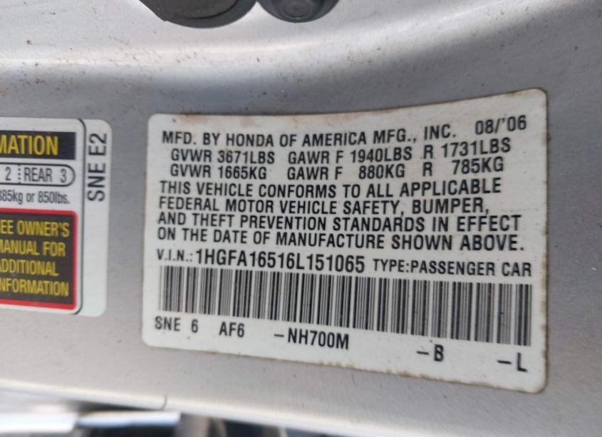 Photo 9 of 2006 Honda Civic LX (VIN 1HGFA16516L151065)
