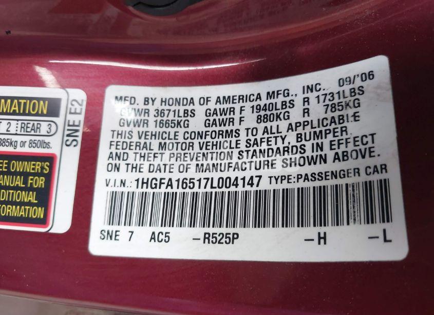 Photo 9 of 2007 Honda Civic LX (VIN 1HGFA16517L004147)
