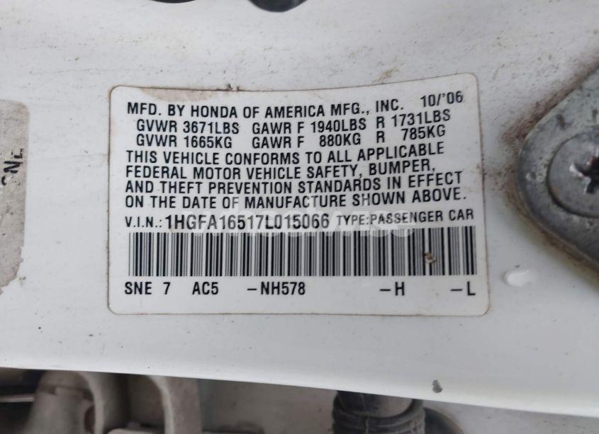 Photo 9 of 2007 Honda Civic LX (VIN 1HGFA16517L015066)