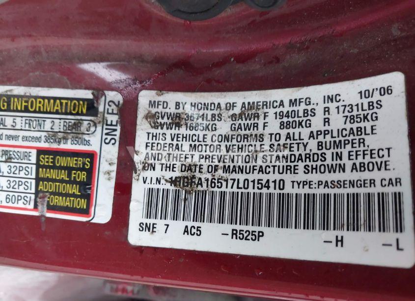 Photo 9 of 2007 Honda Civic LX (VIN 1HGFA16517L015410)