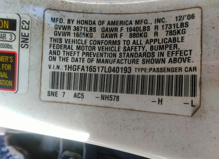 Photo 9 of 2007 Honda Civic LX (VIN 1HGFA16517L040193)