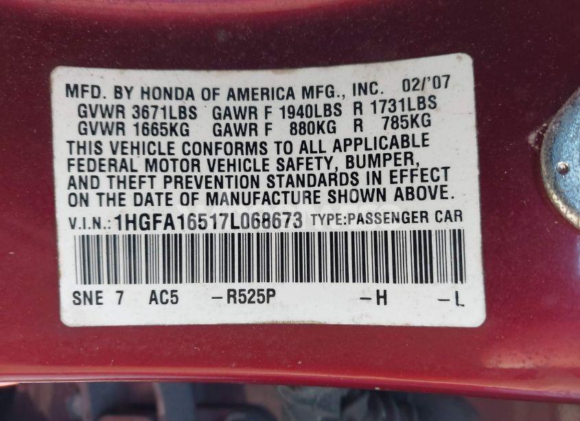 Photo 9 of 2007 Honda Civic LX (VIN 1HGFA16517L068673)