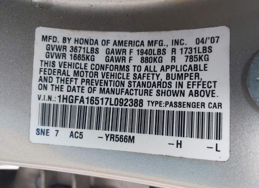 Photo 9 of 2007 Honda Civic LX (VIN 1HGFA16517L092388)