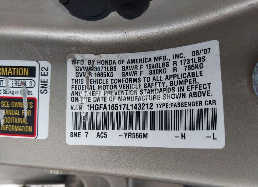 Photo 9 of 2007 Honda Civic LX (VIN 1HGFA16517L143212)