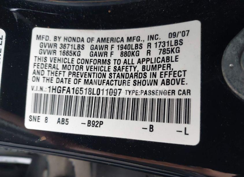 Photo 9 of 2008 Honda Civic LX (VIN 1HGFA16518L011097)