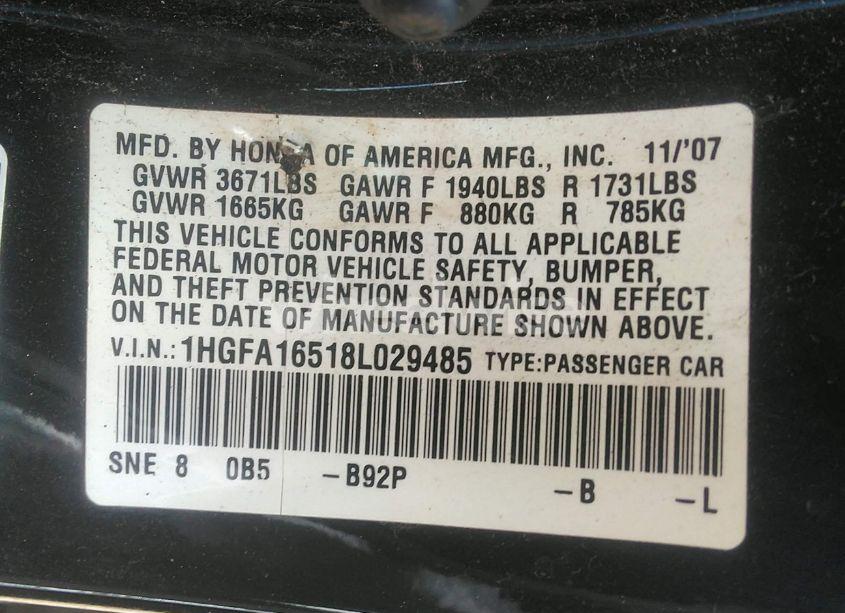 Photo 9 of 2008 Honda Civic LX (VIN 1HGFA16518L029485)