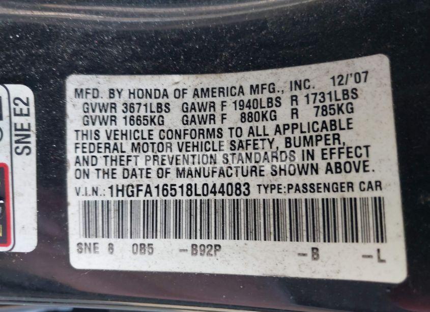 Photo 9 of 2008 Honda Civic LX (VIN 1HGFA16518L044083)
