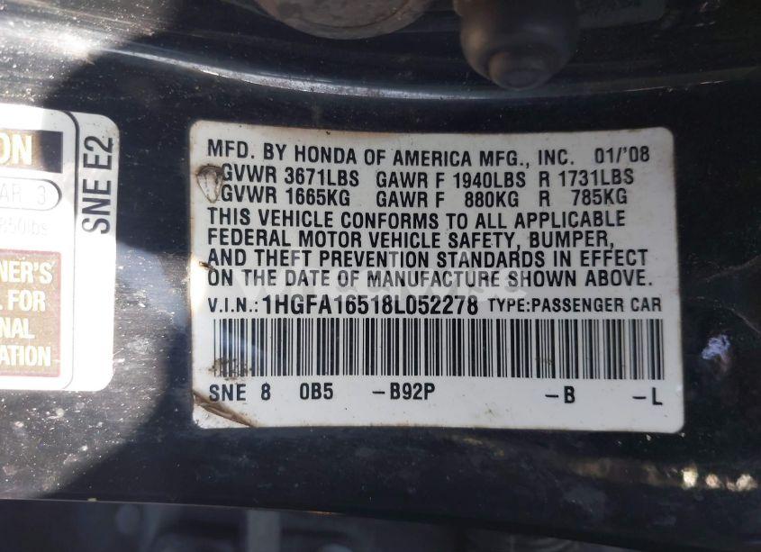Photo 9 of 2008 Honda Civic LX (VIN 1HGFA16518L052278)