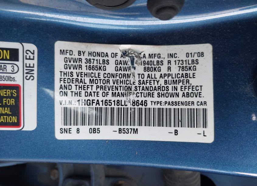 Photo 9 of 2008 Honda Civic LX (VIN 1HGFA16518L058646)
