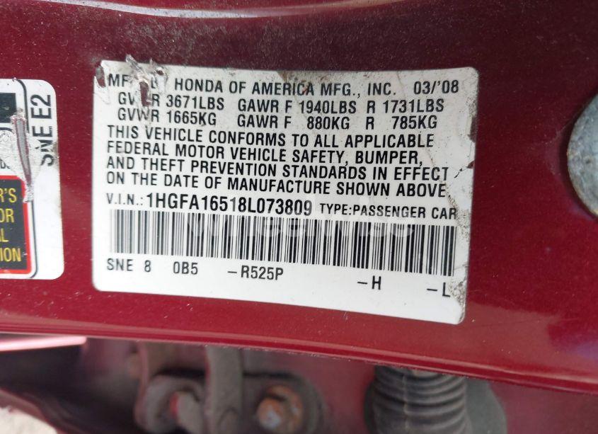 Photo 9 of 2008 Honda Civic LX (VIN 1HGFA16518L073809)