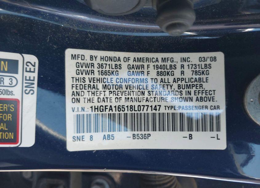 Photo 9 of 2008 Honda Civic LX (VIN 1HGFA16518L077147)