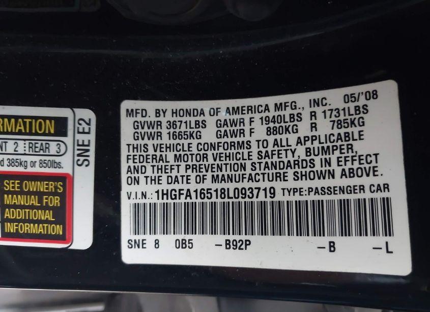 Photo 9 of 2008 Honda Civic LX (VIN 1HGFA16518L093719)