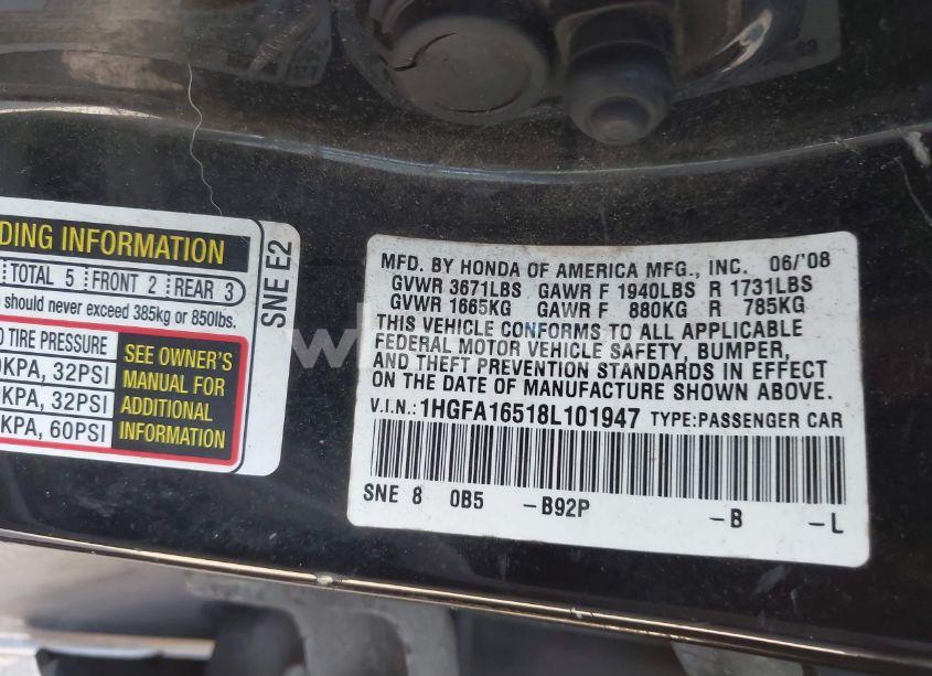 Photo 9 of 2008 Honda Civic LX (VIN 1HGFA16518L101947)