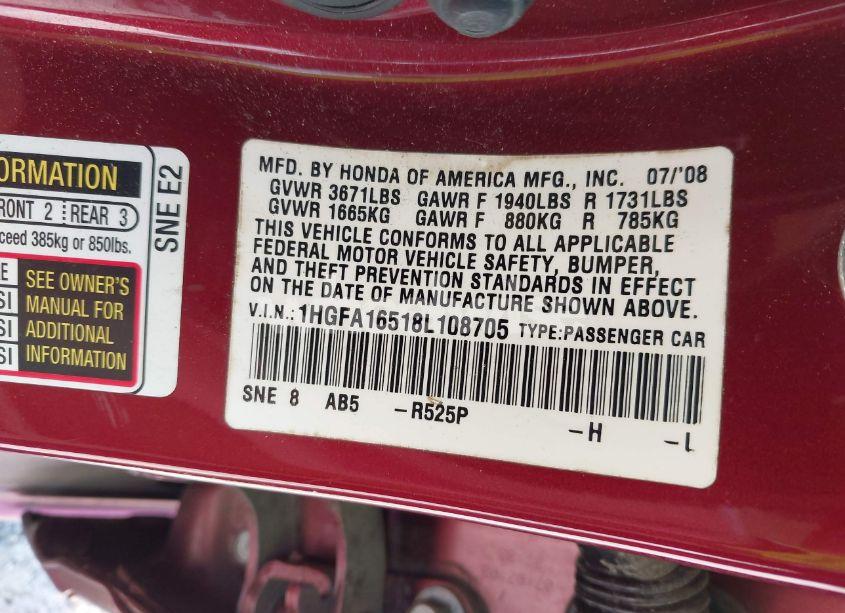 Photo 9 of 2008 Honda Civic LX (VIN 1HGFA16518L108705)