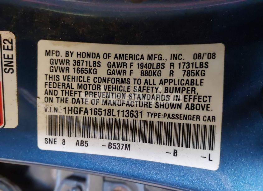 Photo 9 of 2008 Honda Civic SDN (VIN 1HGFA16518L113631)