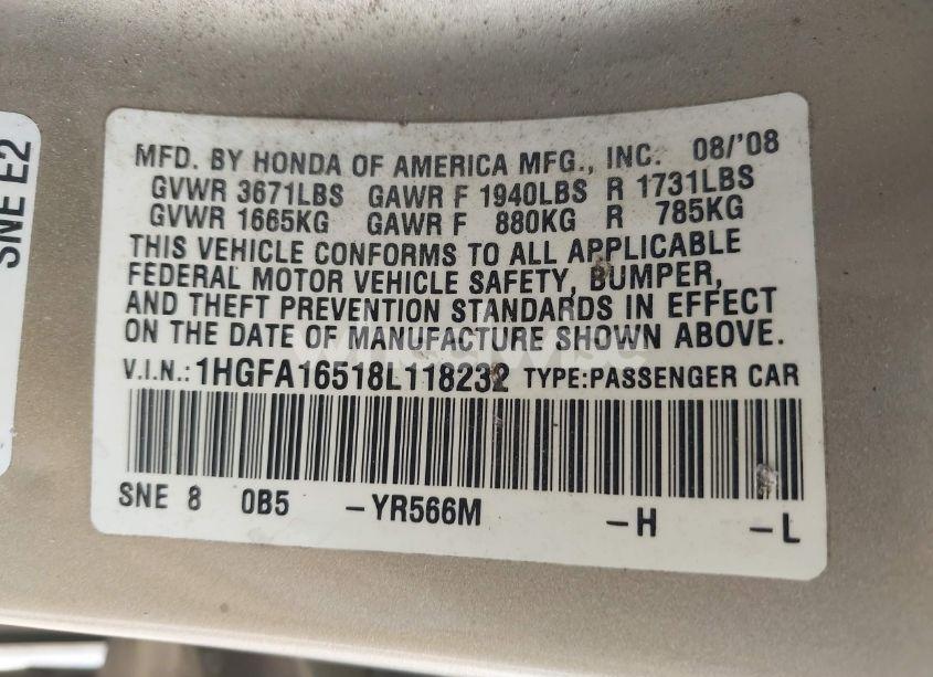 Photo 9 of 2008 Honda Civic LX (VIN 1HGFA16518L118232)
