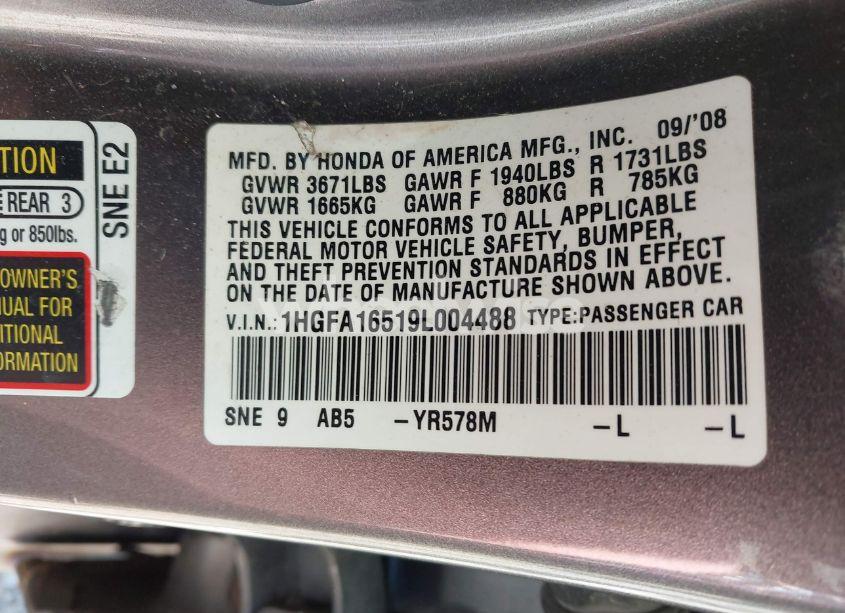Photo 9 of 2009 Honda Civic LX (VIN 1HGFA16519L004488)
