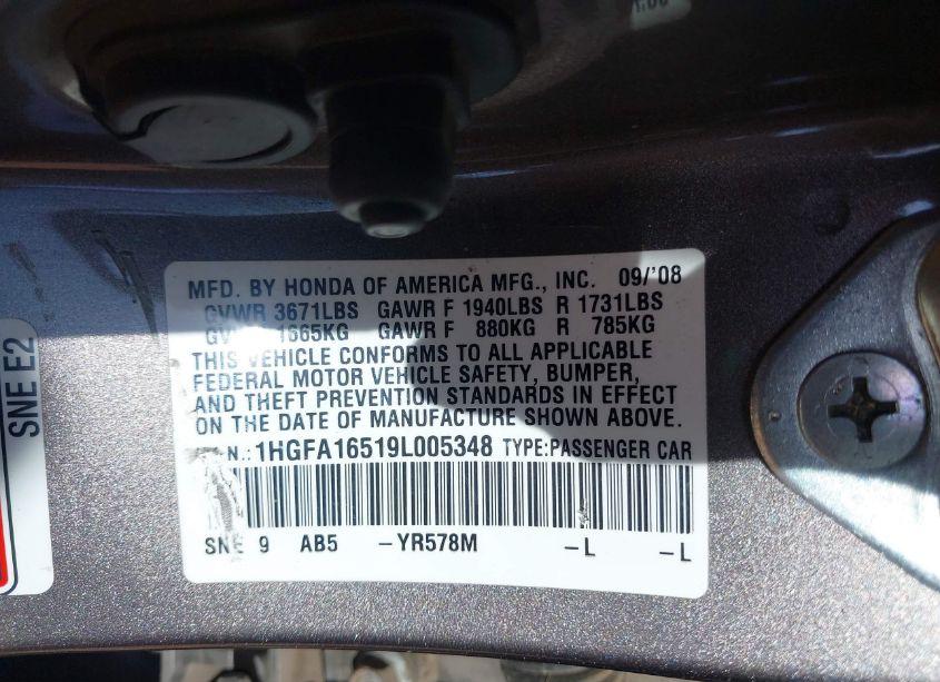 Photo 9 of 2009 Honda Civic LX (VIN 1HGFA16519L005348)