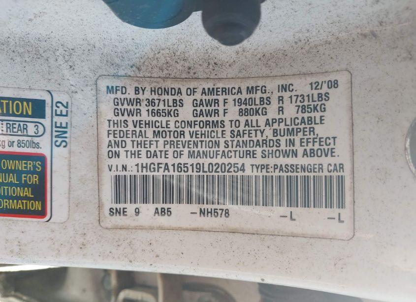 Photo 9 of 2009 Honda Civic LX (VIN 1HGFA16519L020254)