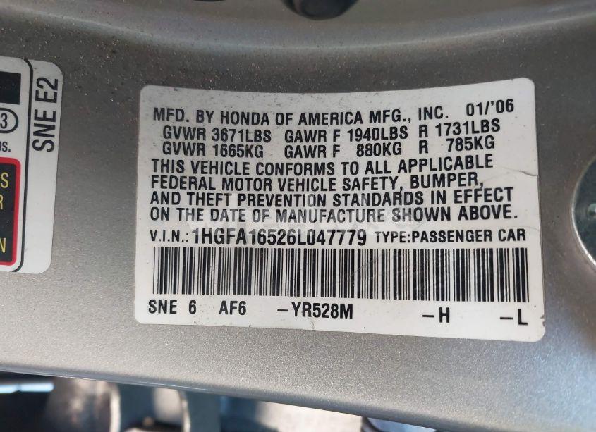 Photo 9 of 2006 Honda Civic LX (VIN 1HGFA16526L047779)