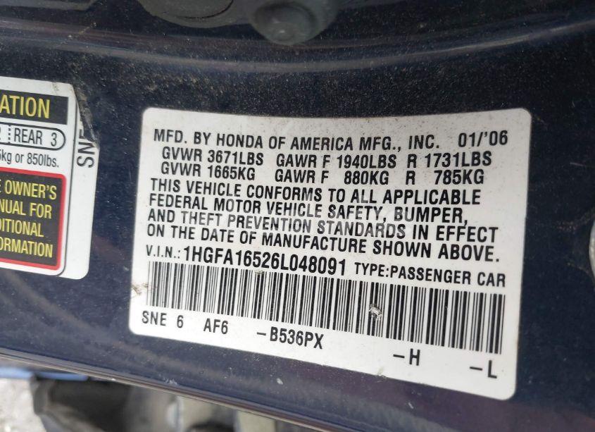 Photo 9 of 2006 Honda Civic LX (VIN 1HGFA16526L048091)